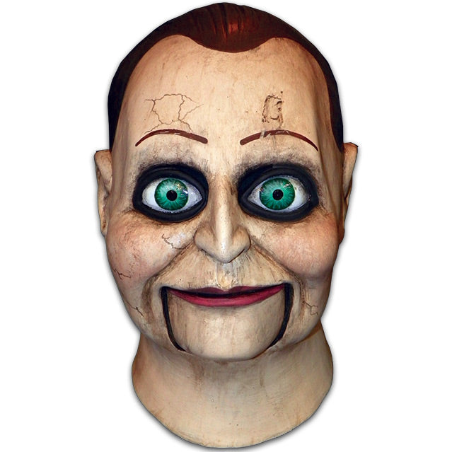 Billy Puppet mask, head and neck.  Distressed finish, ventriloquist dummy face, brown hair, black-rimmed blue-green eyes. hinged lower jaw.