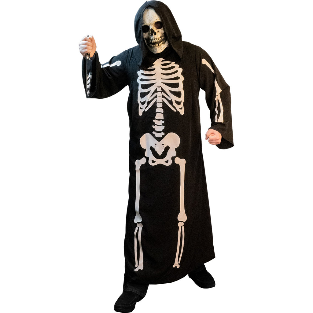Man in costume.  Skull mask, wearing hooded black robe with skeleton printed on front, including arm bones on sleeves.  Holding knife in right hand.