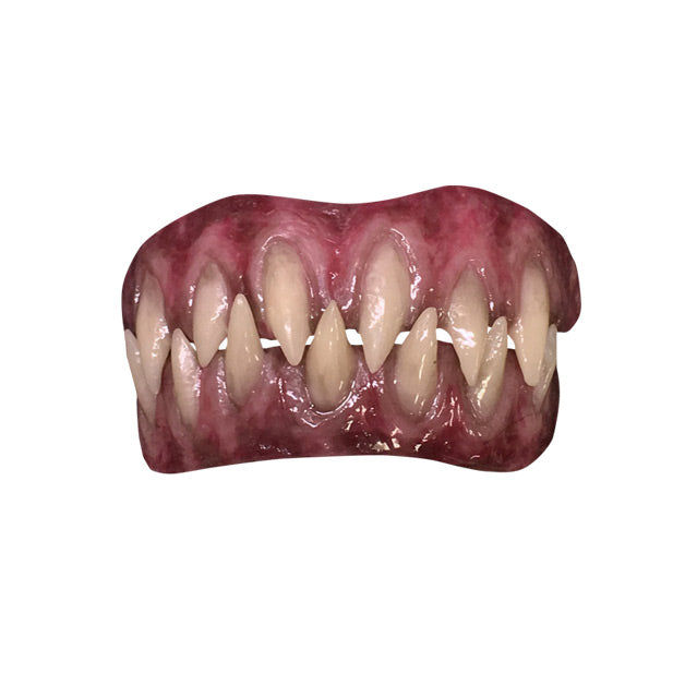 Costume teeth.  Sharp, misaligned teeth, in pink and red gums