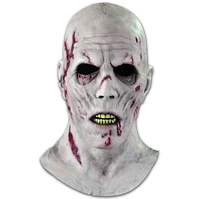 Necrotic mask, head and neck.  Bald, white wrinkled skin with several wounds.  Sunken eyes. Slightly opened mouth with thin lips, teeth showing.