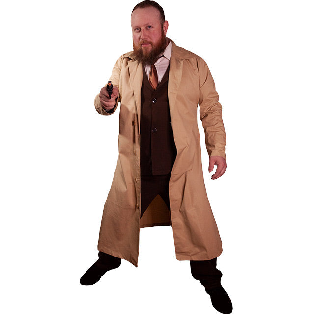Samuel Loomis Costume.  Man with short brown hair and beard, wearing a white shirt, brown tie, brown jacket, black pants and shoes under tan trench coat, holding pistol in right hand.