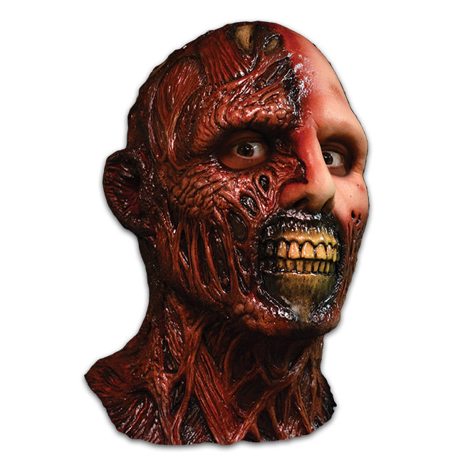 Right side view. Darkman mask, head and neck. Bald with Grotesque skin on entire right side of face and neck, and the left side from the cheekbone down. Mouth is missing lips, exposing teeth and portions of the upper and lower jaws