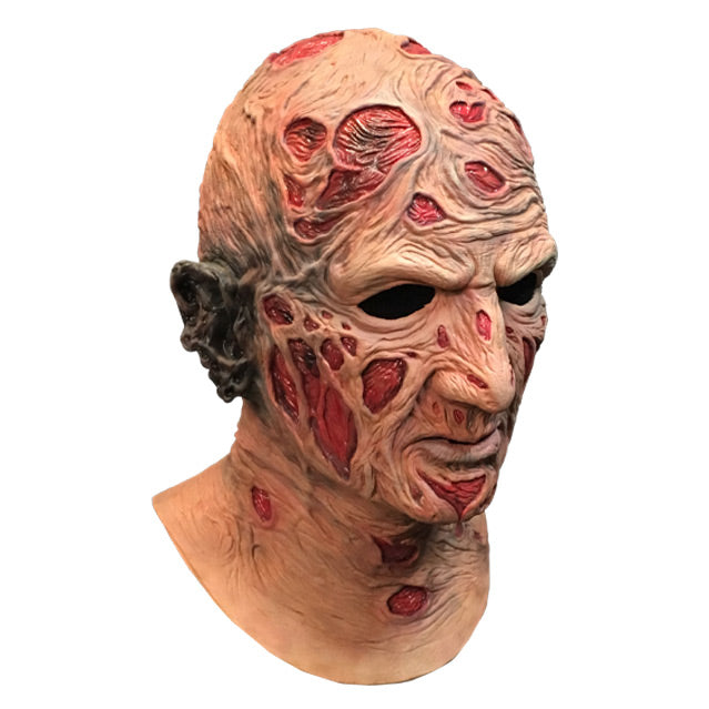 Right side view, Freddy Krueger mask, head and neck, burnt skin, wrinkled with sores.