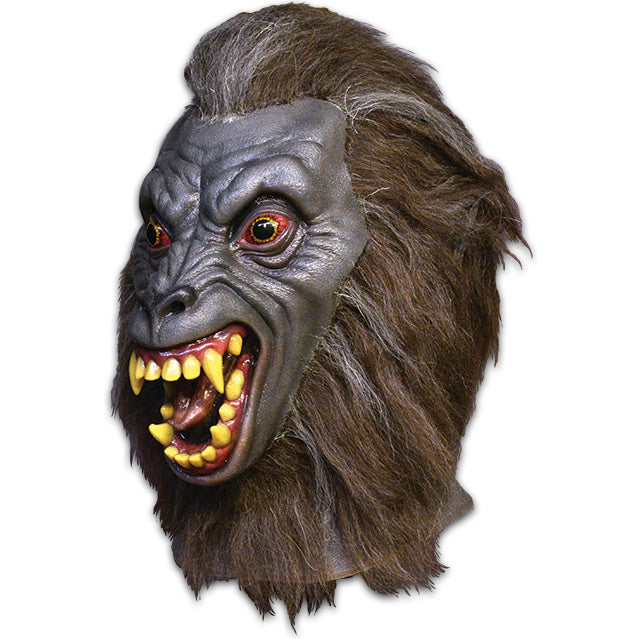 Left side view. Werewolf head and neck. Brown and gray fur around face. Gray skin, orange bulging eyes. Open snarling mouth with yellow teeth and fangs
