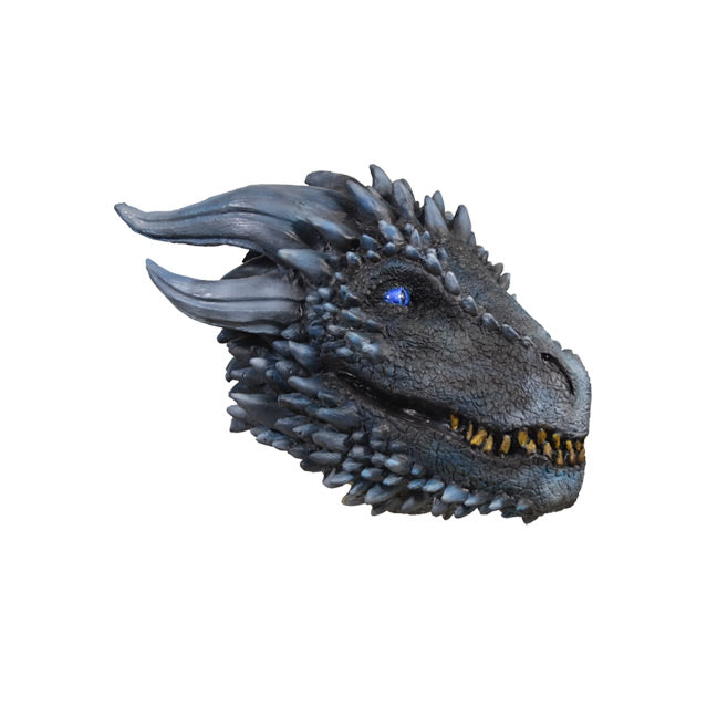 Right side view. Dragon mask. Gray dragon face. Bright blue eyes. Many light gray spikes. Mouth with several sharp yellow teeth.