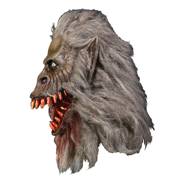 Left side view. Crate Beast mask. Light brown beast face, wrinkled skin, Yellow eyes with vertical long pupils, pointed ears, snout nose, large grinning bloody mouth with many sharp teeth, long gray fur covering head, lower face and neck. Blood stains on fur around mouth and chin.
