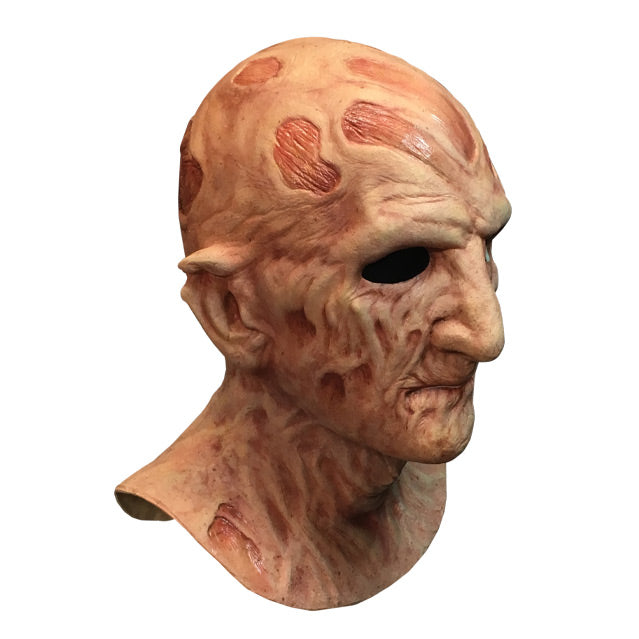 Right side view, Freddy Krueger mask, head and neck, burnt skin, wrinkled with scars.