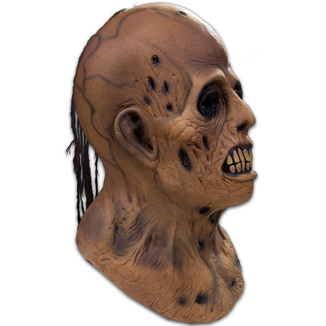 Mask right side view, head, neck and upper chest. Decaying zombie face, blackened spots on wrinkled skin, bald in front stringy sparse black hair in back, black-rimmed sunken eyes, ghastly mouth with large teeth.