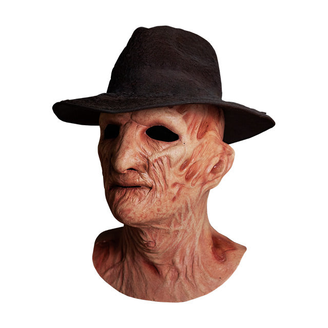 Left side view, Freddy Krueger mask, wearing dark brown Fedora hat, head and neck, burnt skin, wrinkled with scars.