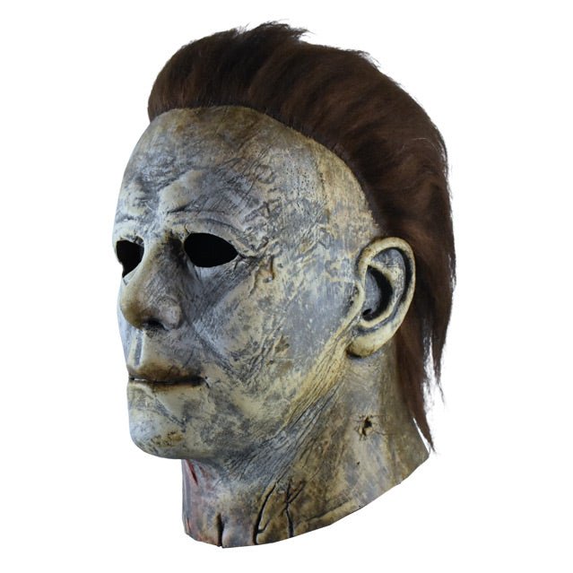 Left side view, mask, head and neck. Aged and distressed gray skin, dark brown hair.