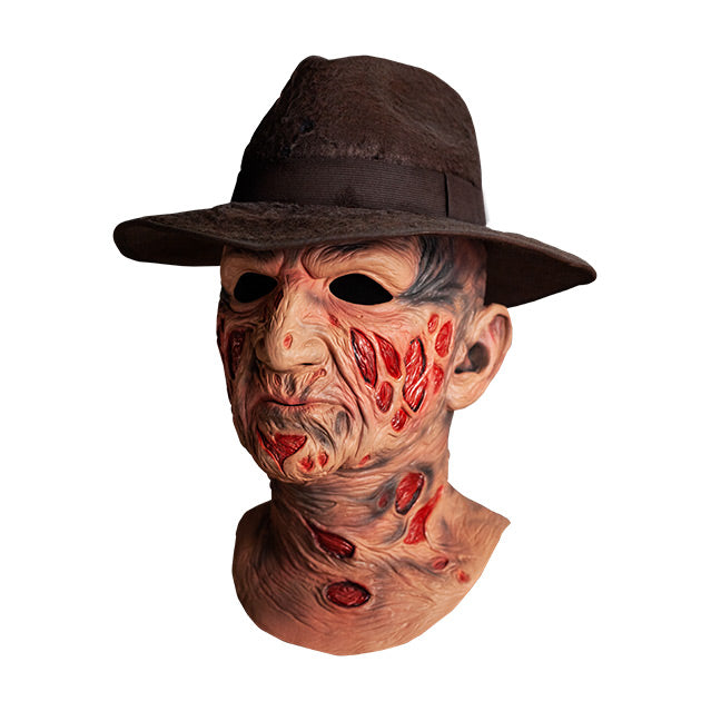 Left side view, Freddy Krueger mask, wearing brown Fedora hat, head and neck, burnt skin, wrinkled with sores.