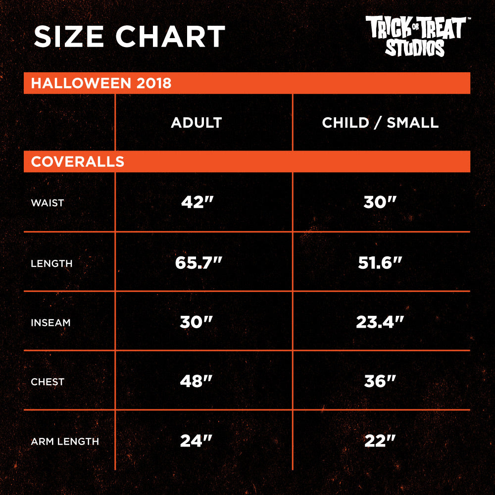 Black background, orange lines. White text reads. Size chart, Trick or Treat Studios. Halloween 2018, Adult Coveralls. Waist 42 inches, length 65.7 inches, inseam 30 inches, chest 48 inches, arm length 24 inches. Child / small, waist 30 inches, length 51.6 inches, inseam 23.4 inches, chest 36 inches, arm length 22 inches.