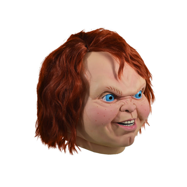 Right side view. Evil Chucky Mask. Head and neck. Red Hair blue eyes, freckles, cleft chin, sneering face.