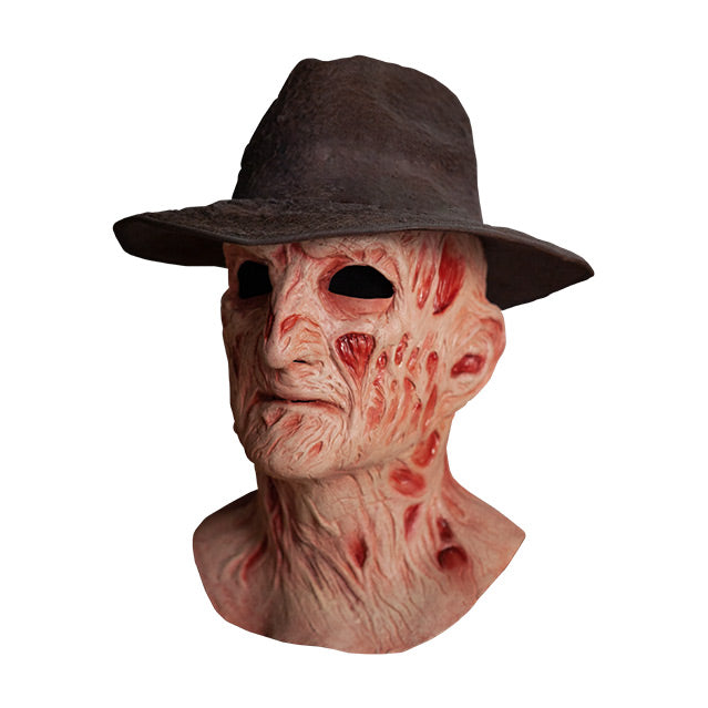 Left side view, Freddy Krueger mask, wearing dark brown Fedora hat, head and neck, burnt skin, wrinkled with scars and sores.