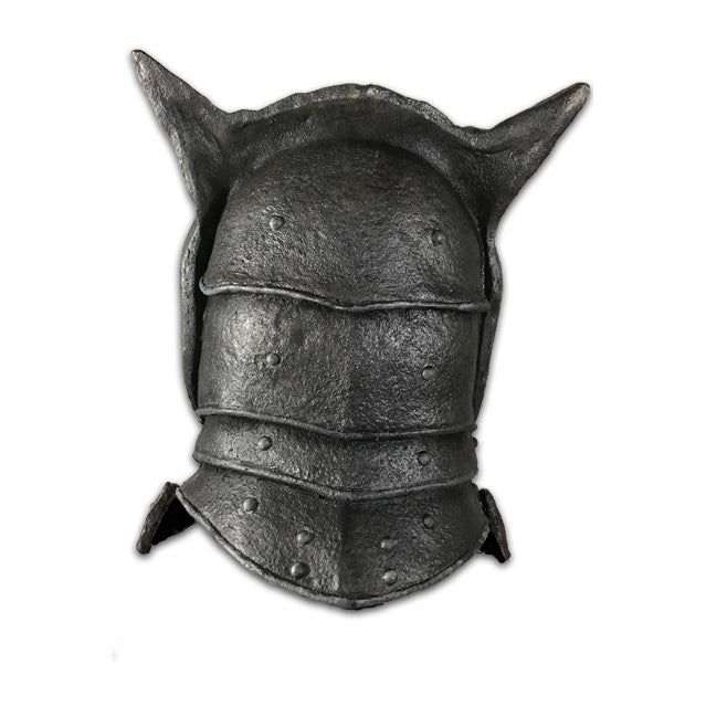 Back view. Helmet, made to appear like black metal.  Back of head with ears, neck piece with rivets.