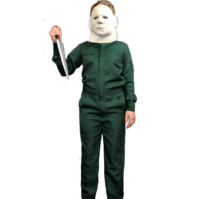Halloween II - Deluxe Coveralls, children / small. Person in Michael Myers mask, dark green coveralls, holding knife in right hand.
