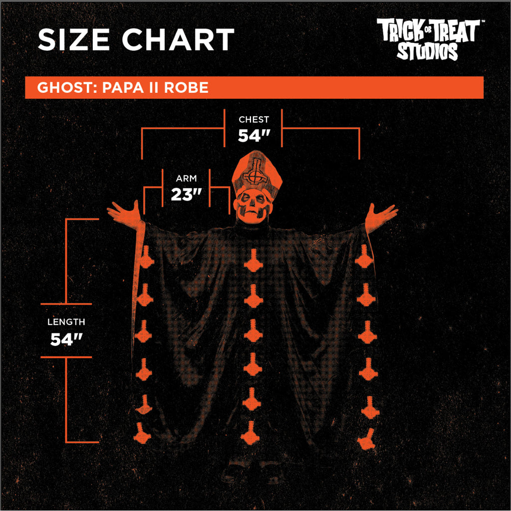 Size chart for robe. Text reads, Size Chart, Trick or Treat Studios, Ghost Papa 2 Robe, chest 54 inches, arm 23 inches, length 54 inches.