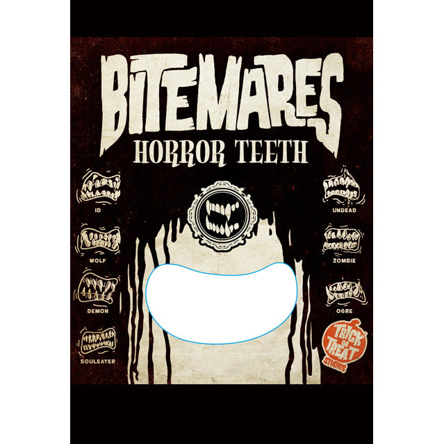 Black and white packaging. Bitemares Horror Teeth. illustrations of styles, ID, Wolf, Demon, Soul eater, Undead, Zombie, Ogre. Orange and white Trick or Treat Studios logo.