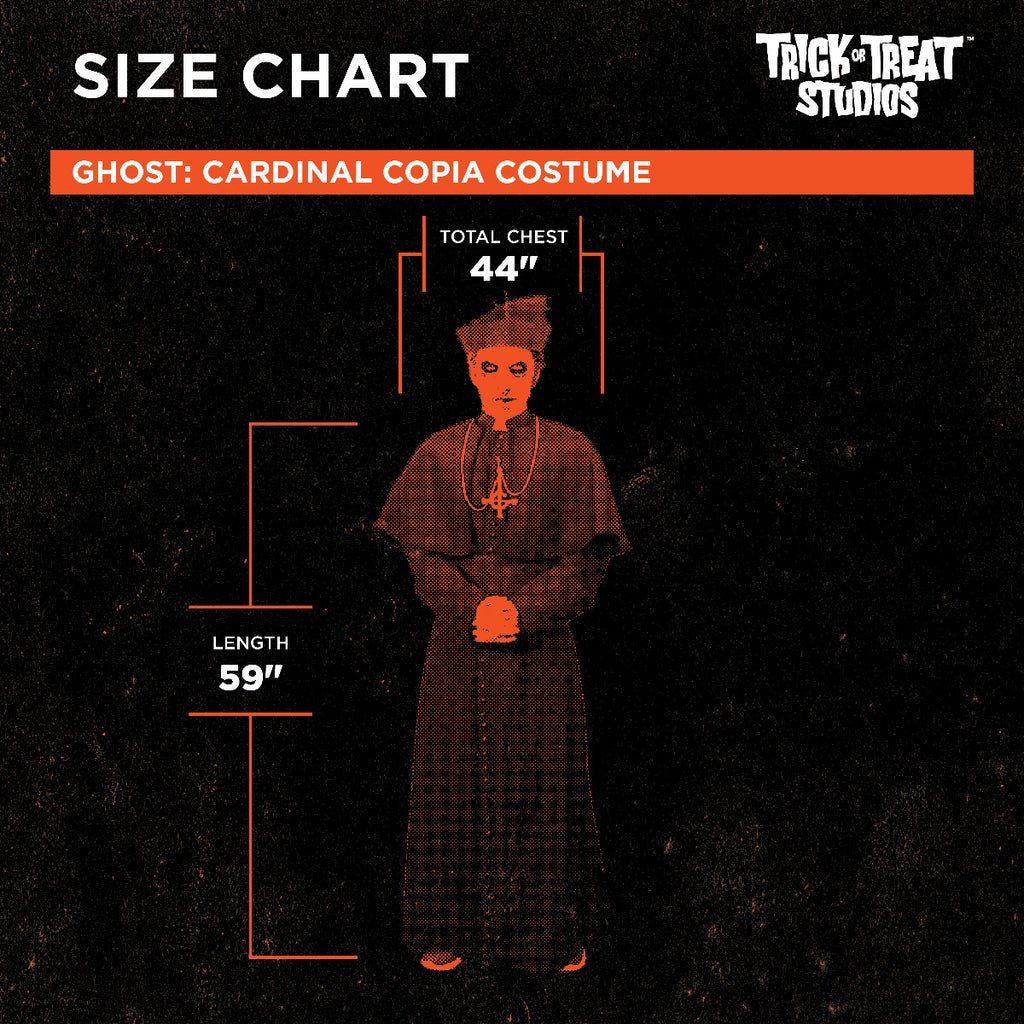 man in costume.  Text reads Size chart, Trick or Treat Studios, Ghost Cardinal Copia Costume, Total Chest 44 inches, Length 59 inches.