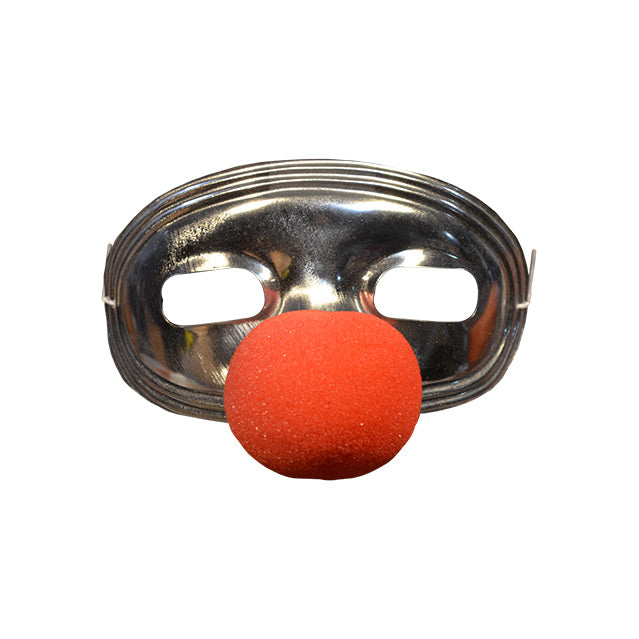 Silver face mask, large red foam clown nose.