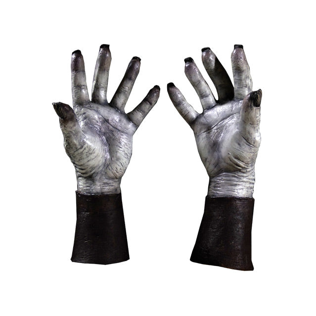 White walker hands, palms of hands, wrinkled grey skin, black fingernails, black forearms below wrists.