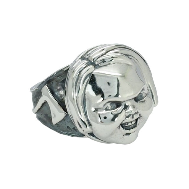 Right side view. Sterling Silver ring. Axe etched on side. 3/4 Side view of Evil Chucky Good Guys face.