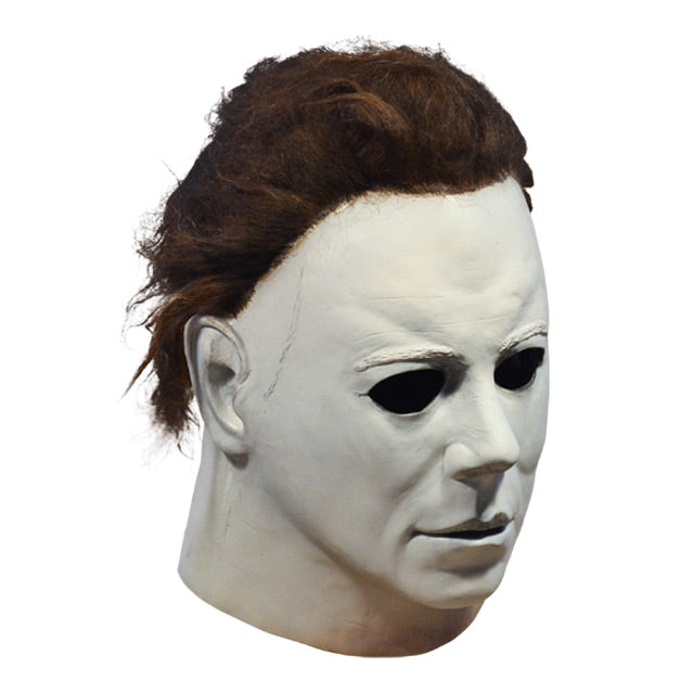 Michael Myers mask, Right side view. Head and neck. Dark brown hair, white skin, flesh colored around bottom of neck.