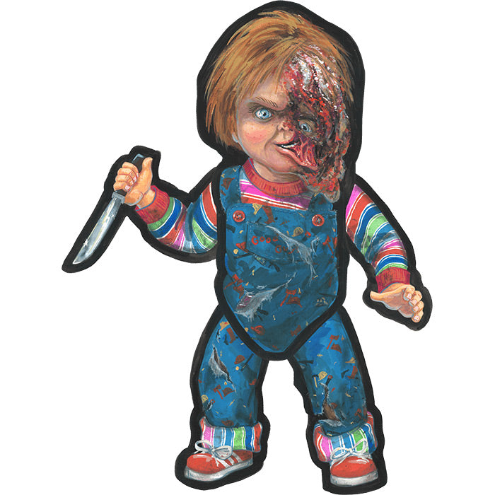 Hinged wall decor. Chucky doll with rotten face, holding knife in right hand, wearing striped shirt and blue Good Guys overalls, red shoes.