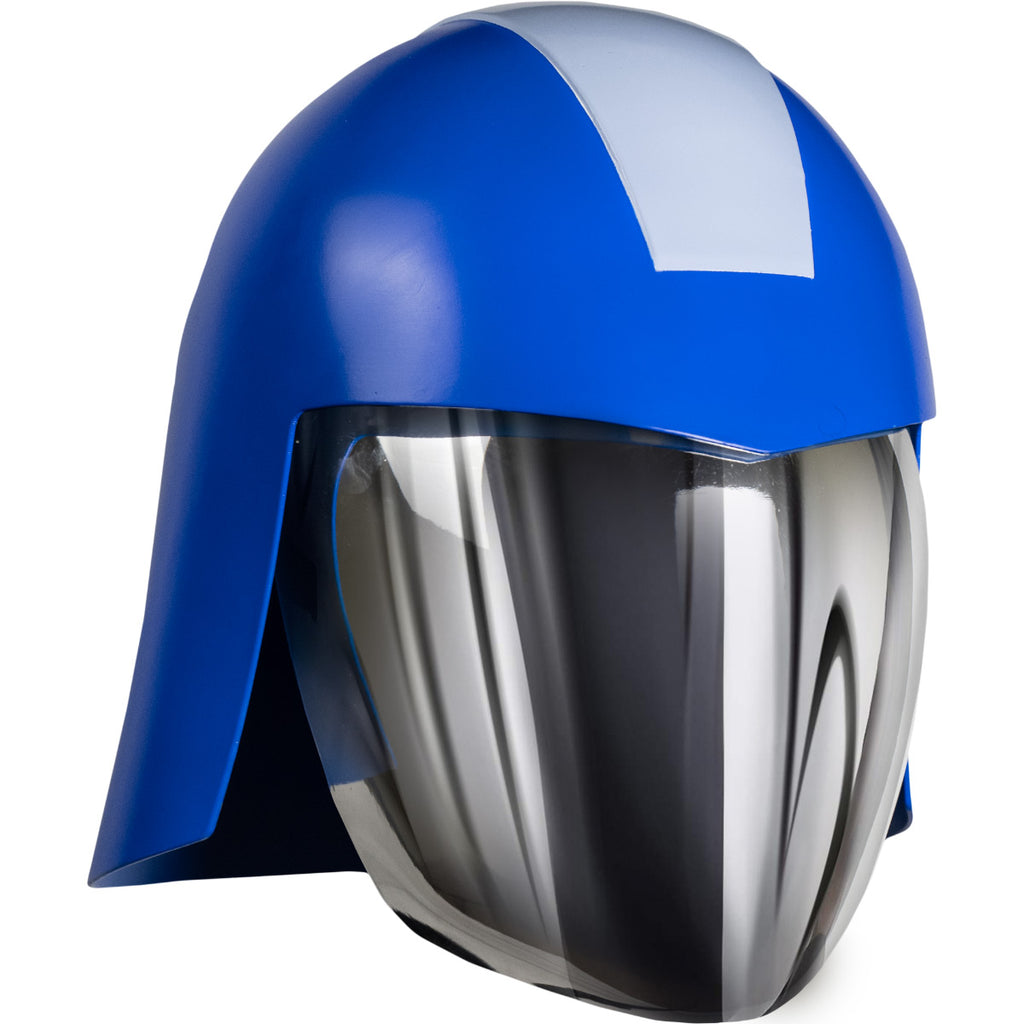Right side view. Cobra Commander Helmet. Blue and gray helmet, with mirrored face shield.