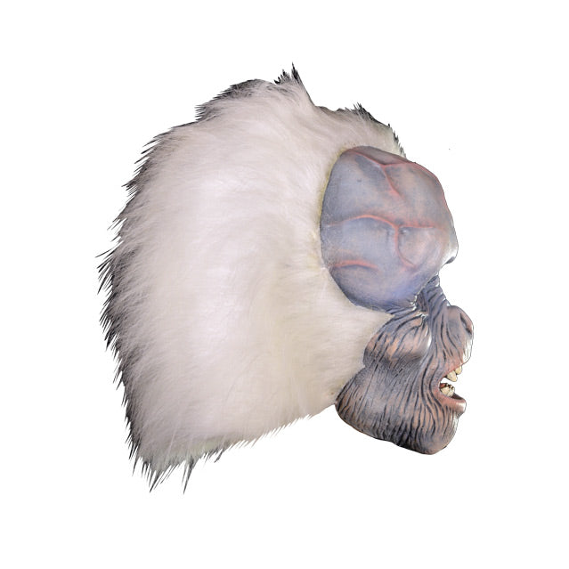 right side view Mask. Ape-like face, pale white, blue and pink skin, wrinkled around brows, eyes, cheeks and mouth. Enlarged forehead with bulging veins. Slightly open mouth with sharp teeth. Bushy white hair with widow's peak.