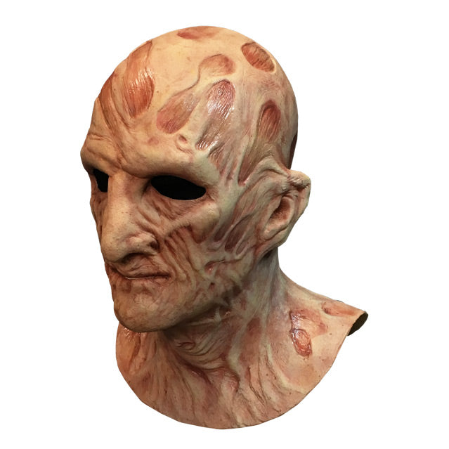 Left side view, Freddy Krueger mask, head and neck, burnt skin, wrinkled with scars.