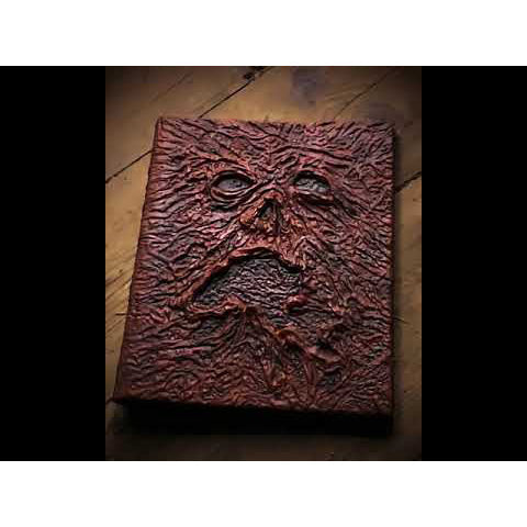 Book of the Dead prop. set on wood table.  Cover of the book, leather textured with moaning face.