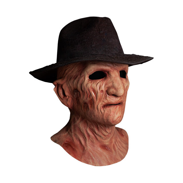 Right side view, Freddy Krueger mask, wearing dark brown Fedora hat, head and neck, burnt skin, wrinkled with scars.