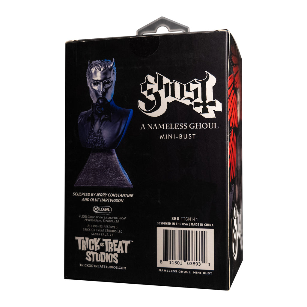 Product packaging, black box with Ghost, Nameless Ghoul mini bust inside. Head neck and chest of man, wearing chrome facemask with horns on face. Black shirt, tie and vest under black jacket. Set on gray stone textured base. Text on box reads Ghost, A Nameless Ghoul mini bust.  Manufacturing and licensing information