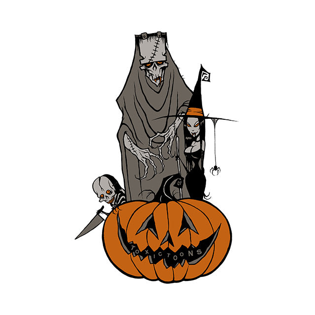 Wall decor Orange jack o' lantern at bottom, Frankenstein-like monster in gray robe, small sexy witch, small skeleton holding knife