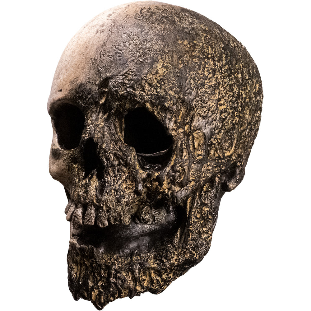 Mask, left side view. Skull mask, Left side of skull appears burnt.