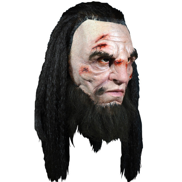 Right side view, Wun Wun mask. Head and neck. Man with wounds on face, thick bushy black eyebrows, long bushy black beard. long black hair, pulled back on top.
