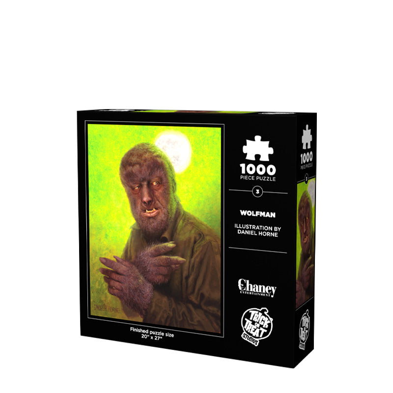 Product packaging back, black box. Illustration of Wolfman, bright green background with moon, wolfman face covered in brown fur, with canine-like nose and mouth, wearing dark collared shirt. Furry hands crossed at chest. White text reads 1000 piece puzzle, Wolfman, Illustration by Daniel Horne, Chaney Entertainment, finished puzzle size 20 inches by 27 inches. White Trick or Treat Studios logo.