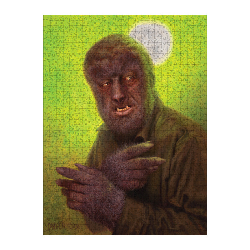 Assembled puzzle. Illustration of Wolfman, bright green background with moon, wolfman face covered in brown fur, with canine-like nose and mouth, wearing dark collared shirt. Furry hands crossed at chest.