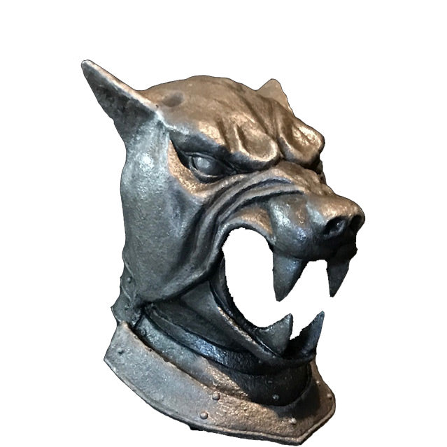 Right side view. Helmet, made to appear like black metal. Snarling hound face, neck piece with rivets.