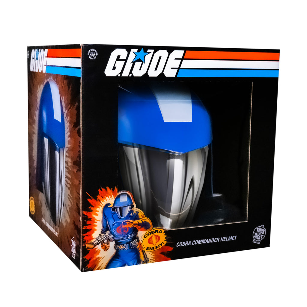 Product packaging window box, Front view. Cobra Commander Helmet. Blue and gray helmet, with mirrored face shield.