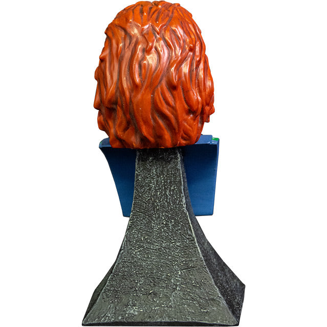 Back view.  Chucky mini bust, red hair. Head, neck, and chest attached to gray stone textured base.