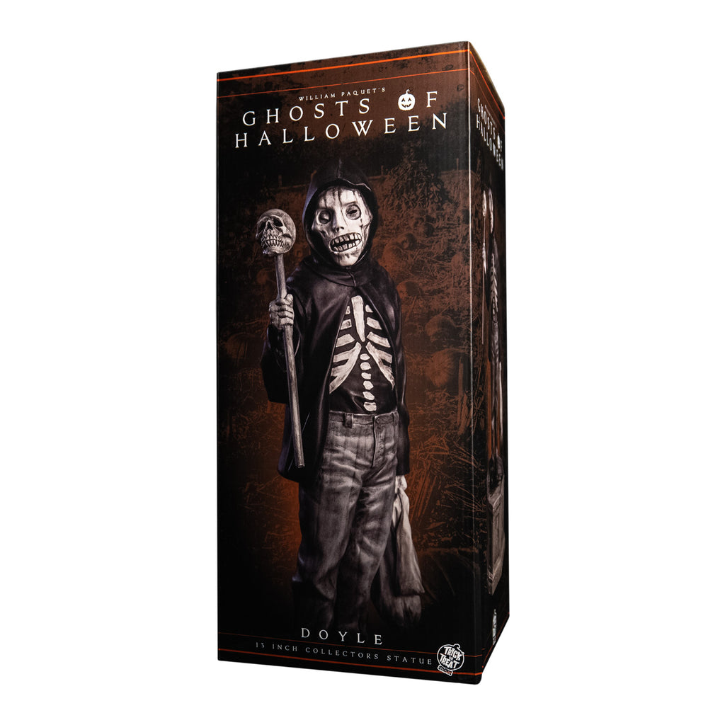 Product packaging, Front of box, text reads Ghosts of Halloween, Doyle. Grayscale, Boy with skeletal face, wearing black hooded jacket over black skeleton shirt, jeans. Holding baton topped with skull in right hand, holding dirty sack in left hand. 