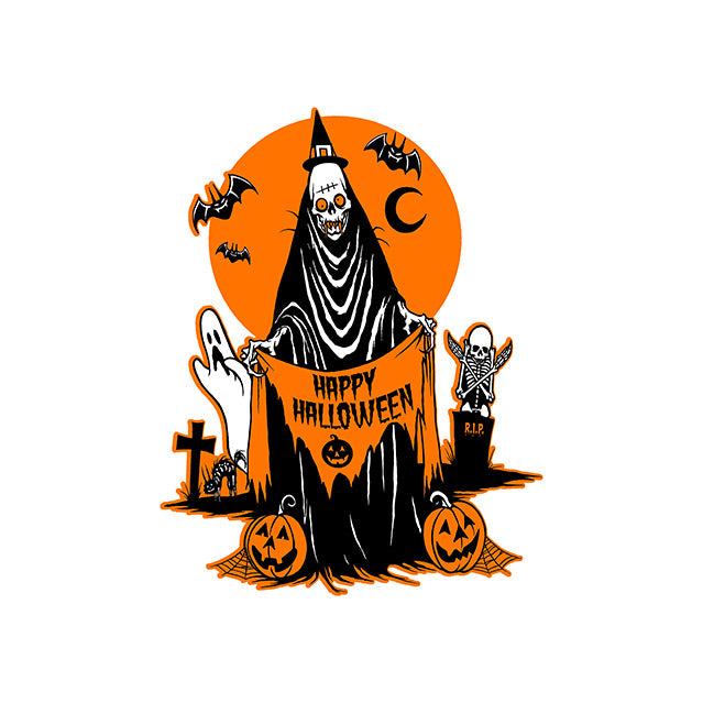 Wall decor, orange circle background with bats and crescent moon, gravestones, ghost, skeleton with arms crossed, fluffed up scared cat, Skeleton in foreground wearing robe and small witch hat holding orange banner with black jack o' lantern, black text reads Happy Halloween, two orange jack o' lanterns at bottom with spider webs.