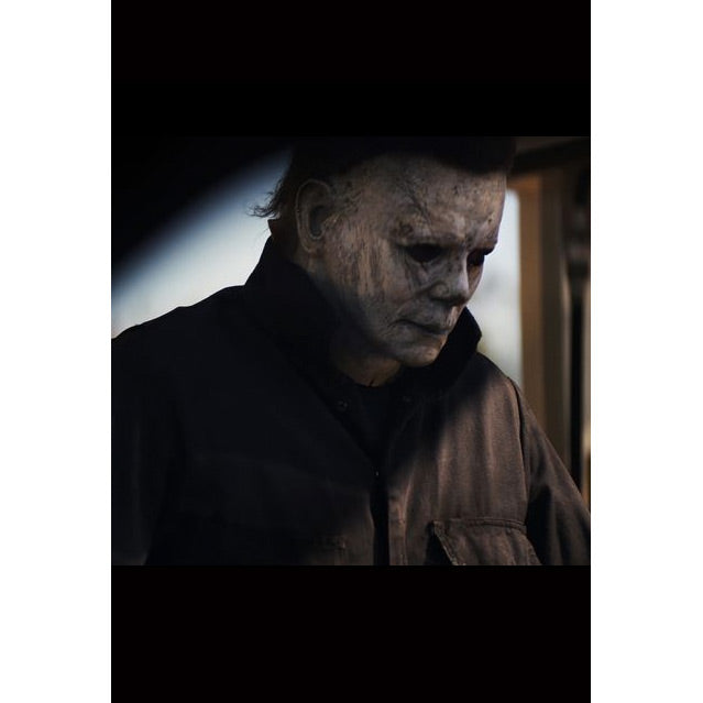 Head and shoulders, Michael Myers.  Weathered white mask, dark coveralls.