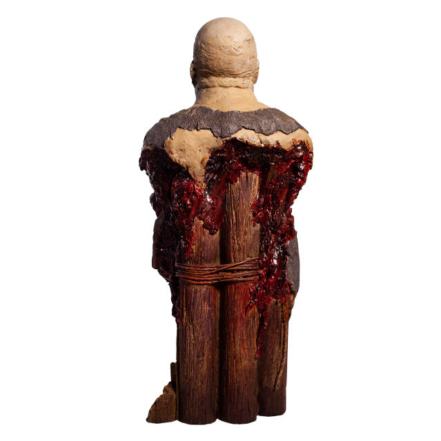 Bust back view. Zombie, head and torso torn shirt. Base is wooden pier posts and rope.