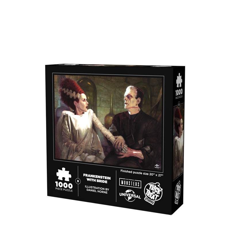 White background. Product packaging, back of box. Illustration, Frankenstein with bride. White text on black border reads, 1000 piece puzzle, Frankenstein with Bride, illustration by Daniel Horne, Universal Monsters. Universal Studios logo and White Trick or Treat studios logo bottom right. White text below illustration reads, finished puzzle size 20 inches by 27 inches.