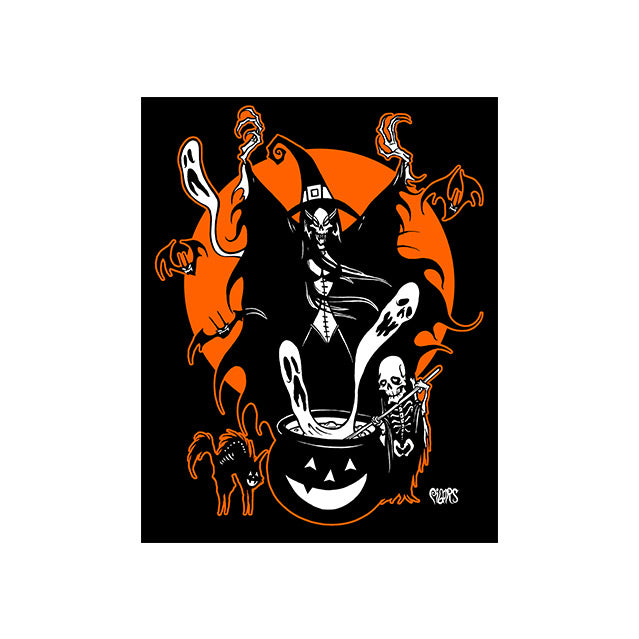 Wall decor, black rectangle orange circle background bats and ghosts, skeletal witch in black wearing hat standing over a jack o' lantern cauldron, small skeleton stirring cauldron with ghosts rising out of it, fluffed up scared black cat.