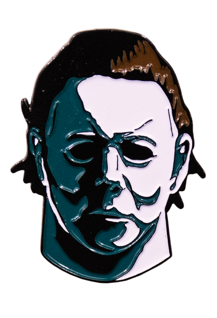 Enamel pin. Michael Myers Mask white face brown hair.