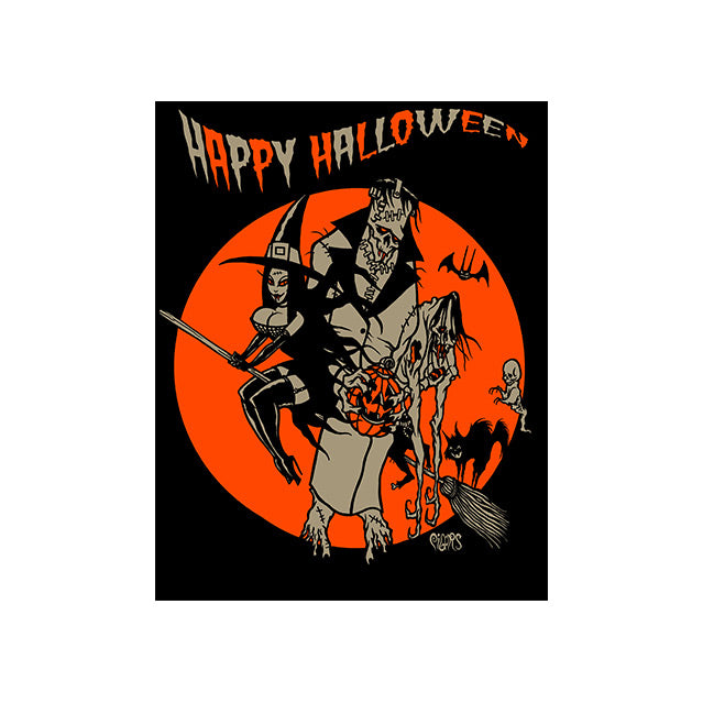 Wall decor, black rectangle orange circle background, Text at top reads Happy Halloween, Frankenstein-like monster holding jack o' lantern and zombie, sexy witch riding broom with black cat, flying bat, small ghost skeleton,